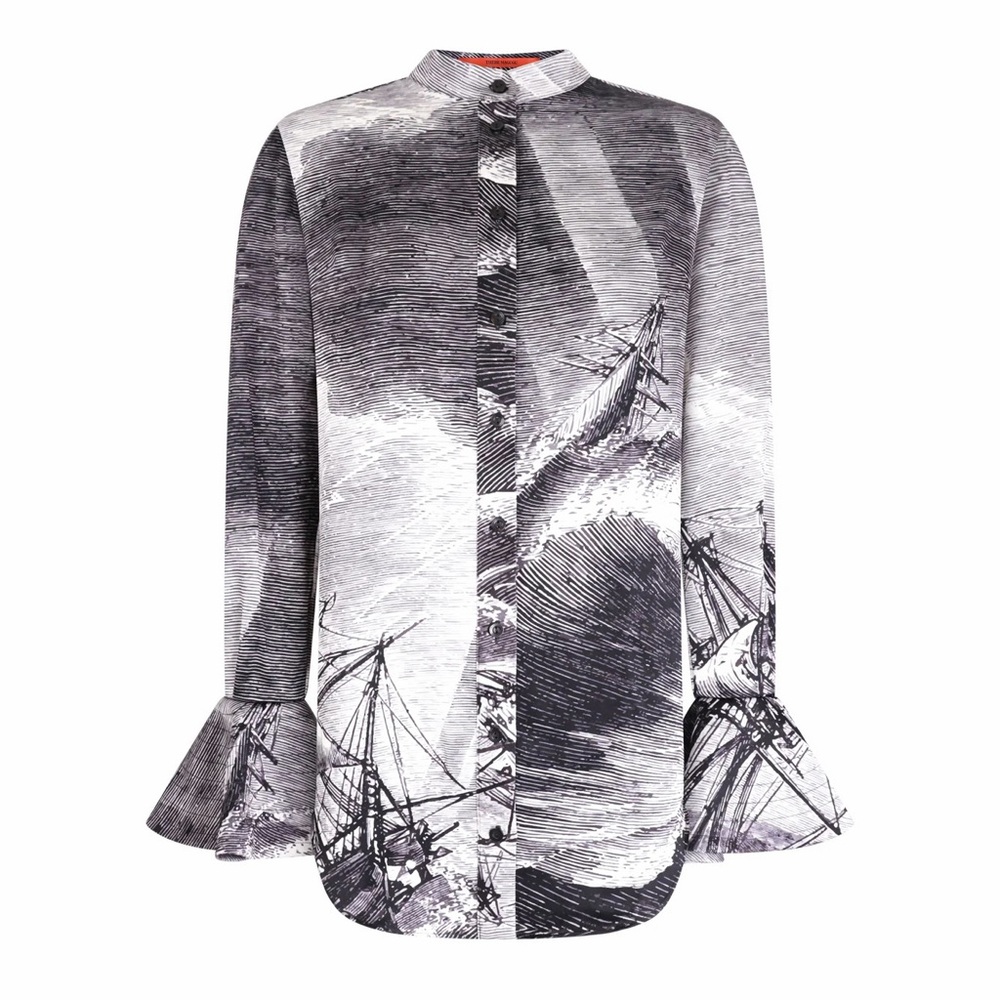 Thebe Magugu Shipwreck Drawing Sketch Print Top Blouse Storm Ocean Black Gray S